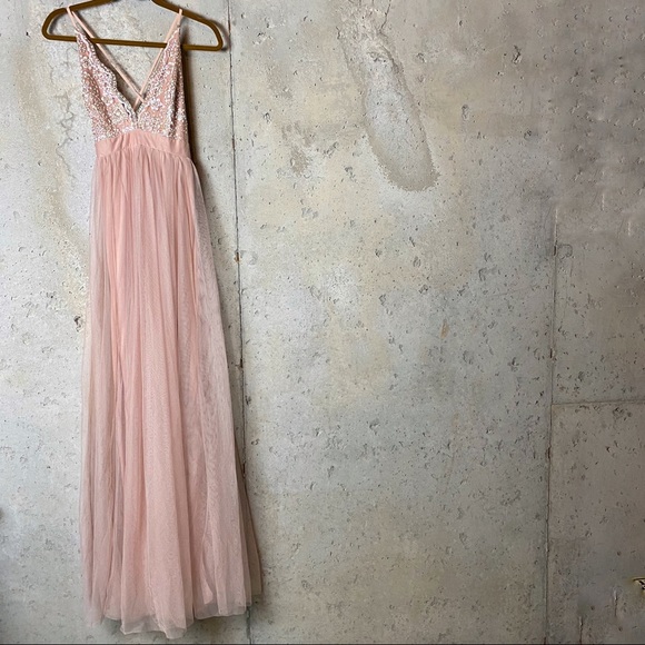 Luxxel blush pink v neck glitter tulle maxi dress - Picture 2 of 9